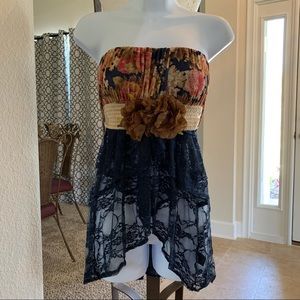 Strapless High-Low Floral Top with Lace